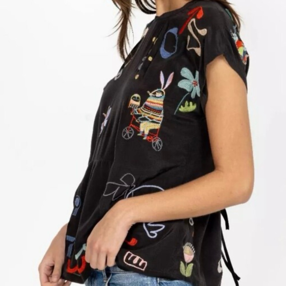 Johnny Was silk black embroidery top, breezy, funky, bohemian - Picture 16 of 16
